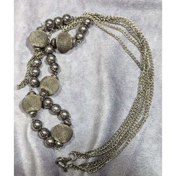 Chunky Multilayer Silver Tone Mesh And Metal Beaded Chain Necklace - Picture 7 of 7